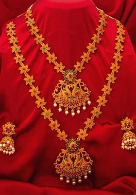 Gold Plated Pink And Green Stone Studded And Pearl Beaded Temple Jewellery Set