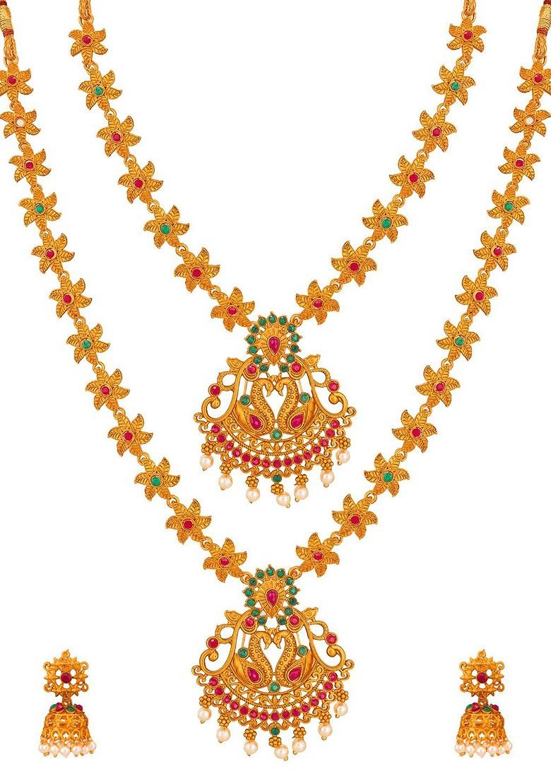 Gold Plated Pink And Green Stone Studded And Pearl Beaded Temple Jewellery Set