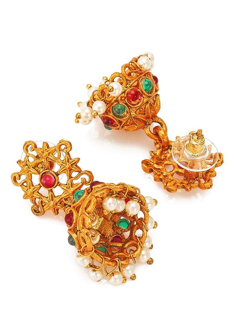 Gold Plated Pink And Green Stone Studded And Pearl Beaded Temple Jewellery Set