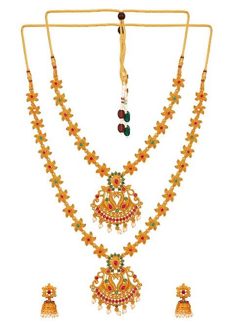 Gold Plated Pink And Green Stone Studded And Pearl Beaded Temple Jewellery Set