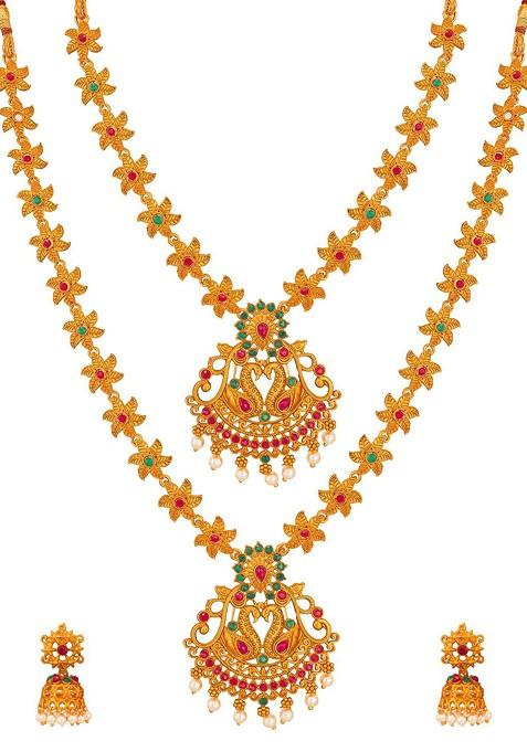 Gold Plated Pink And Green Stone Studded And Pearl Beaded Temple Jewellery Set