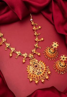 Gold Toned Pink And Green Gold Plated Handcrafted Jewellery Set
