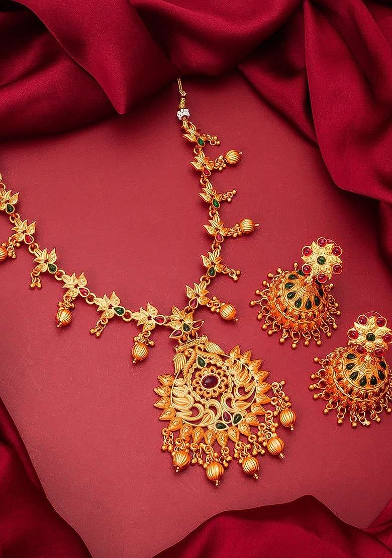 Gold Toned Pink And Green Gold Plated Handcrafted Jewellery Set - Indya