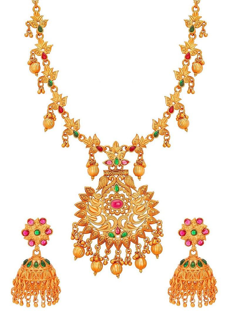 Gold Toned Pink And Green Gold Plated Handcrafted Jewellery Set