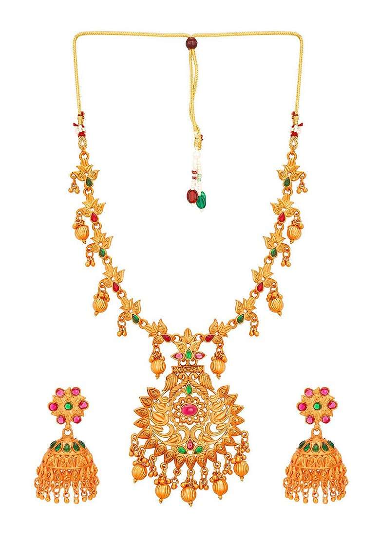 Gold Toned Pink And Green Gold Plated Handcrafted Jewellery Set - Indya