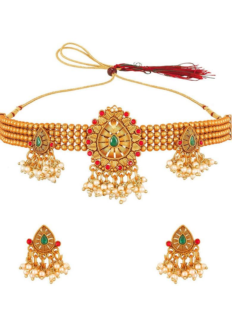 Gold Plated Red And Green Stone Studded And Beaded Jewellery Set