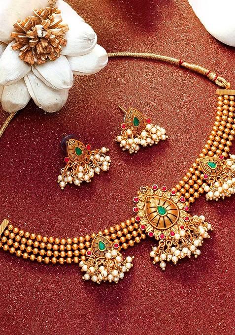 Gold Plated Red And Green Stone Studded And Beaded Jewellery Set