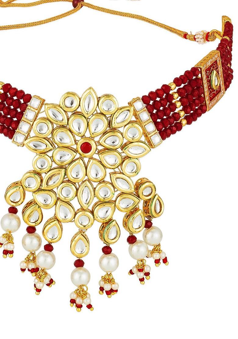 Gold Plated And Maroon Kundan Studded Beaded Jewellery Set