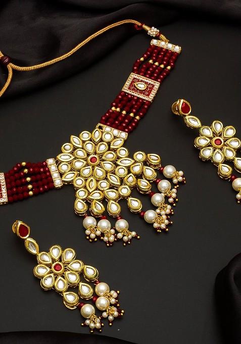 Gold Plated And Maroon Kundan Studded Beaded Jewellery Set