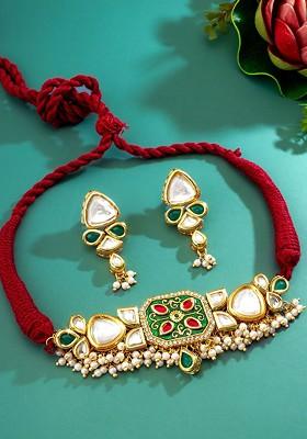 Gold Plated Kundan Studded And Beaded Jewellery Set