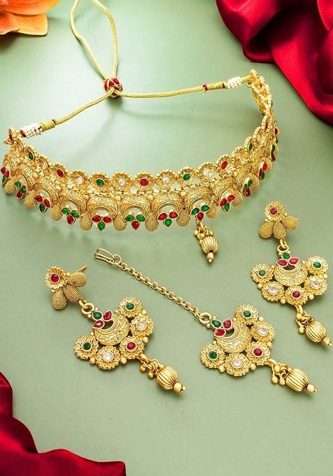 Gold Plated Stone Studded Choker Jewelry Set