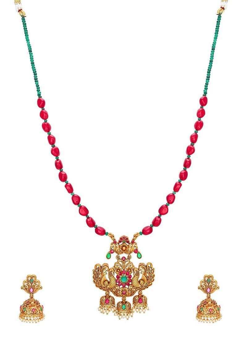 Women Gold Toned And Red Peacock Pearl Jewellery Set