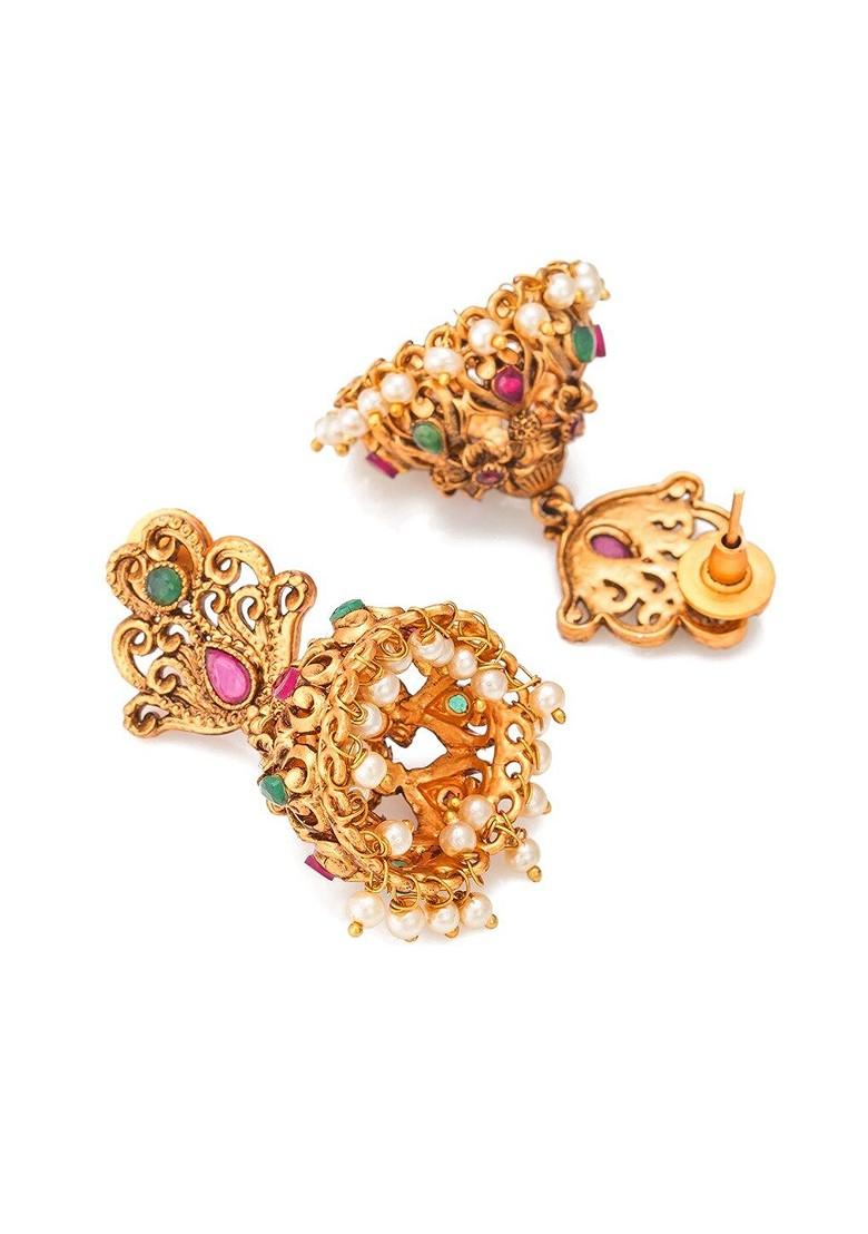 Women Gold Toned And Red Peacock Pearl Jewellery Set