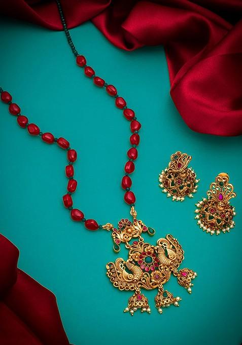 Women Gold Toned And Red Peacock Pearl Jewellery Set