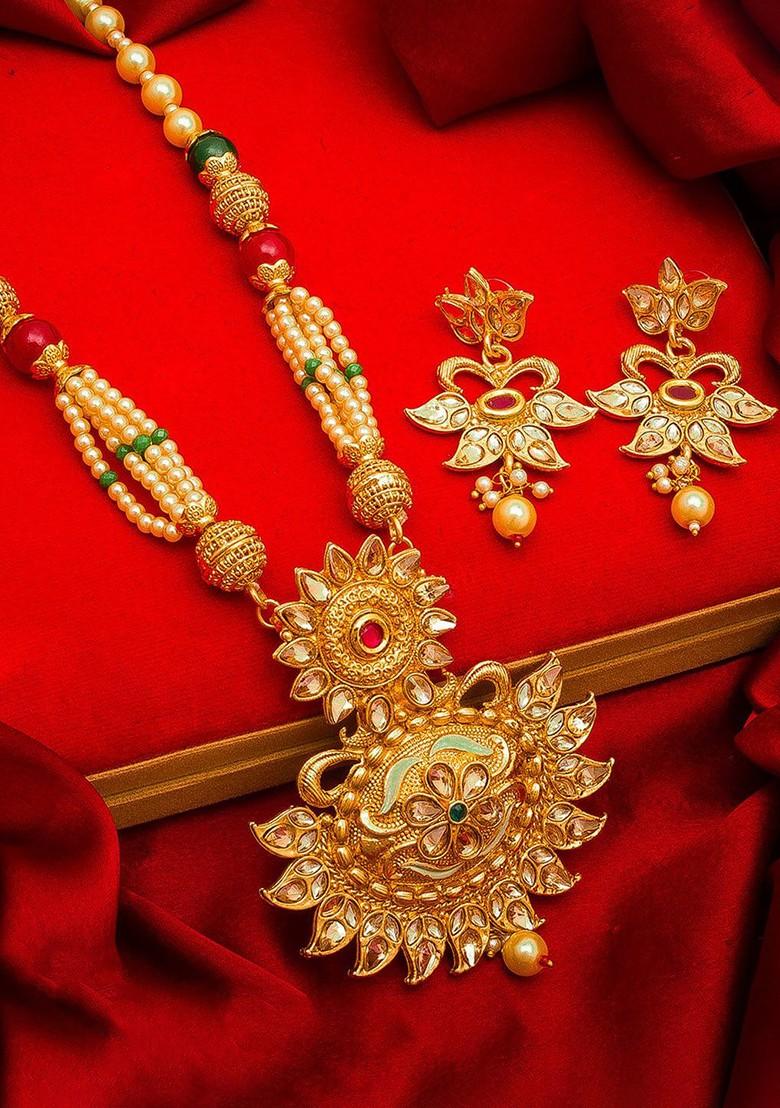 Gold Plated Red And Green Stone Studded Pearls Beaded Temple Jewellery Set