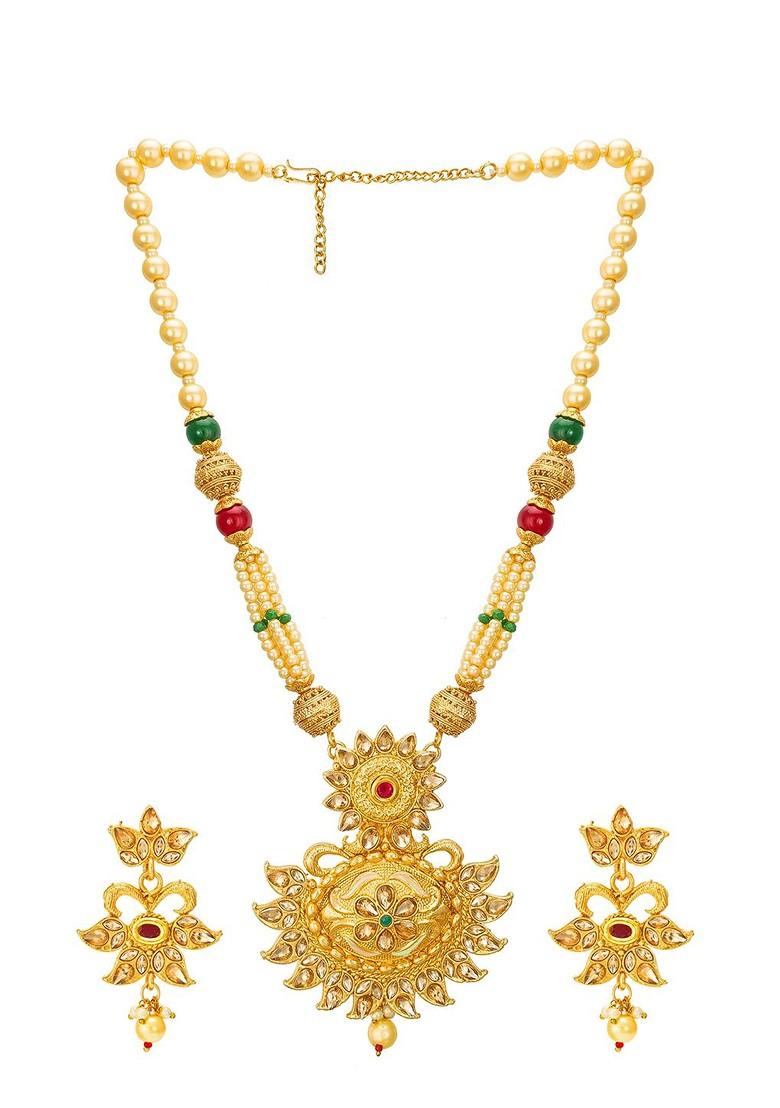 Gold Plated Red And Green Stone Studded Pearls Beaded Temple Jewellery Set