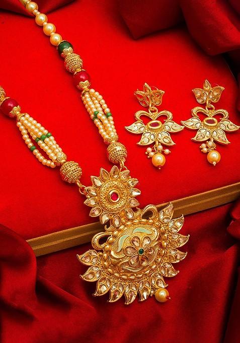 Gold Plated Red And Green Stone Studded Pearls Beaded Temple Jewellery Set