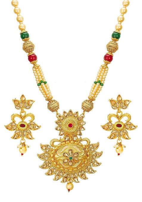 Gold Plated Red And Green Stone Studded Pearls Beaded Temple Jewellery Set