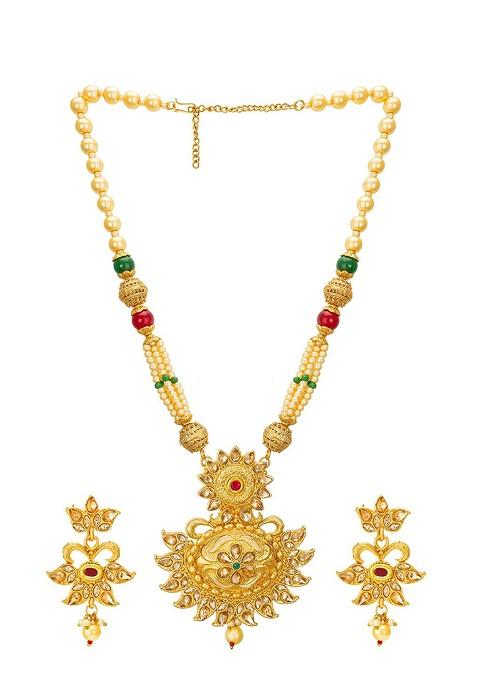 Gold Plated Red And Green Stone Studded Pearls Beaded Temple Jewellery Set