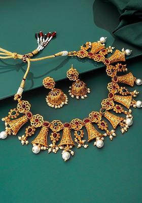 Gold Plated White And Red Stone Studded And Pearl Beaded Handcrafte