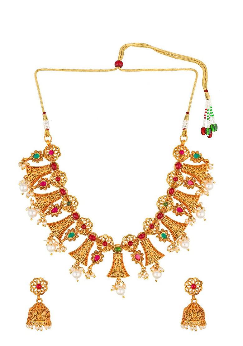 Gold Plated White And Red Stone Studded And Pearl Beaded Handcrafte