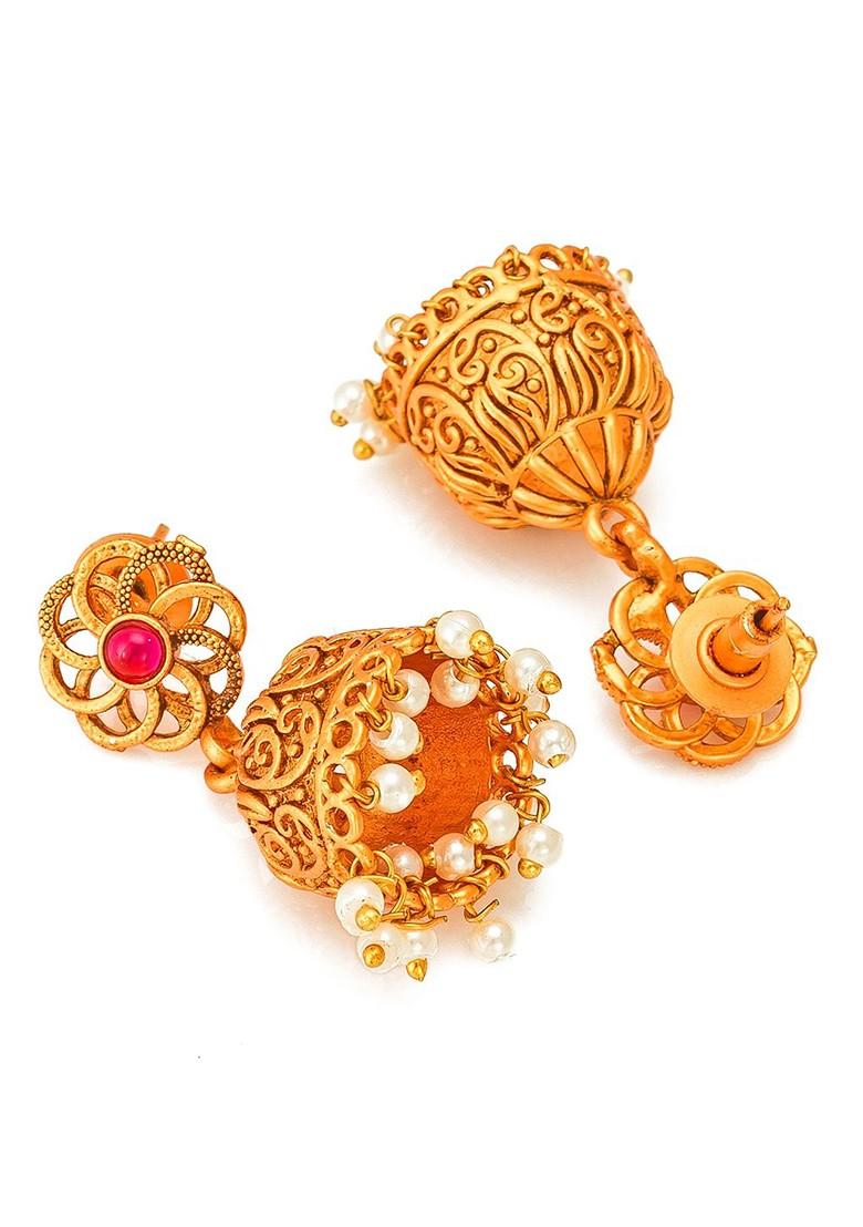 Gold Plated White And Red Stone Studded And Pearl Beaded Handcrafte