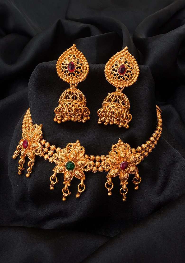 Gold Plated Pink And Green Stone Studded Jewellery Set - Indya