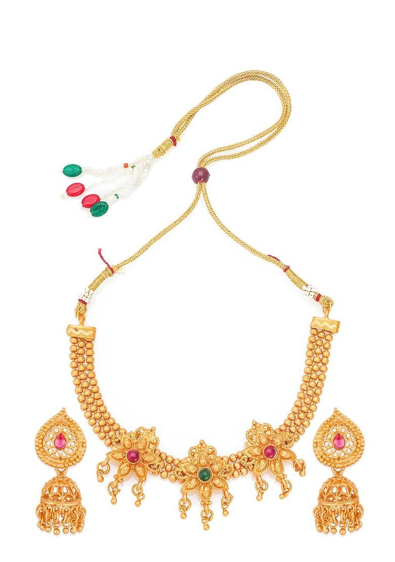 Gold Plated Pink And Green Stone Studded Jewellery Set