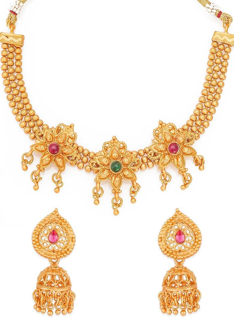 Gold Plated Pink And Green Stone Studded Jewellery Set