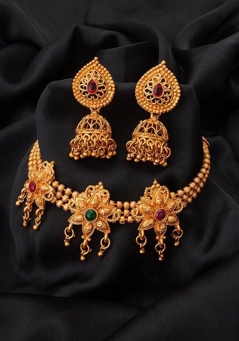Gold Plated Pink And Green Stone Studded Jewellery Set