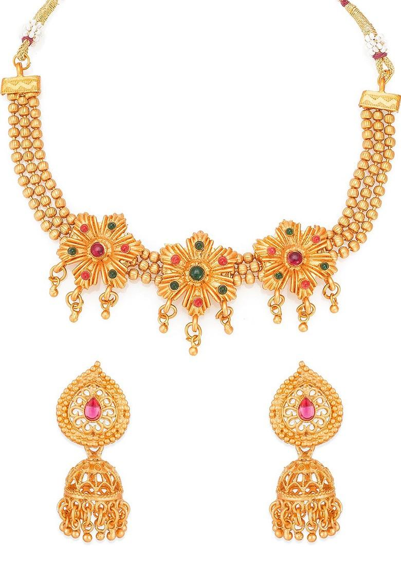 Gold Plated Red And Green Stone Studded Tribal Jewellery Set