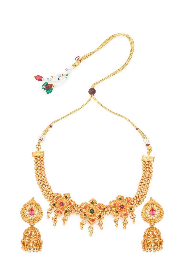 Gold Plated Red And Green Stone Studded Tribal Jewellery Set