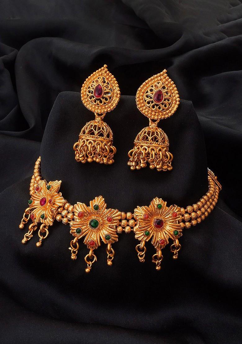 Gold Plated Red And Green Stone Studded Tribal Jewellery Set