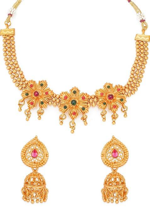 Gold Plated Red And Green Stone Studded Tribal Jewellery Set