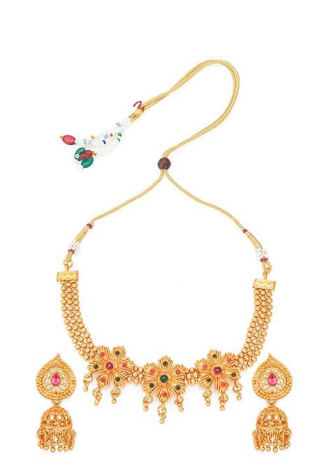 Gold Plated Red And Green Stone Studded Tribal Jewellery Set