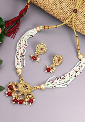 Red Gold Plated Artificial Stones And Beads Jewellery Set