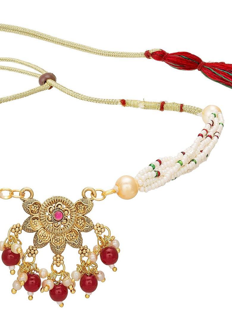 Red Gold Plated Artificial Stones And Beads Jewellery Set