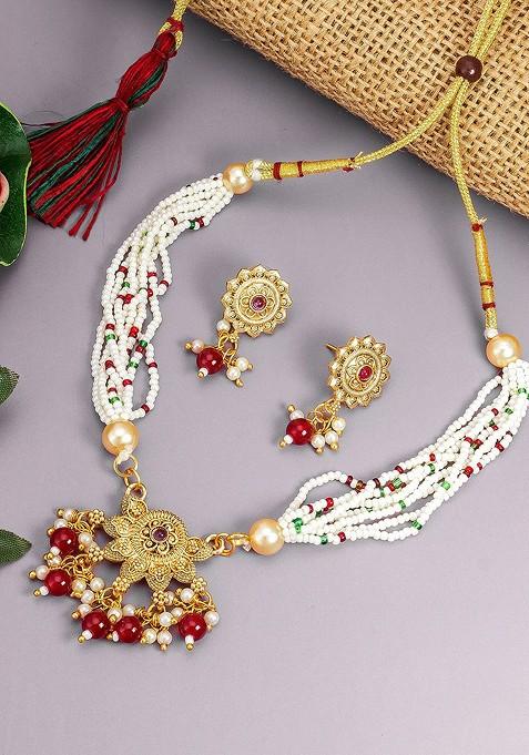 Red Gold Plated Artificial Stones And Beads Jewellery Set