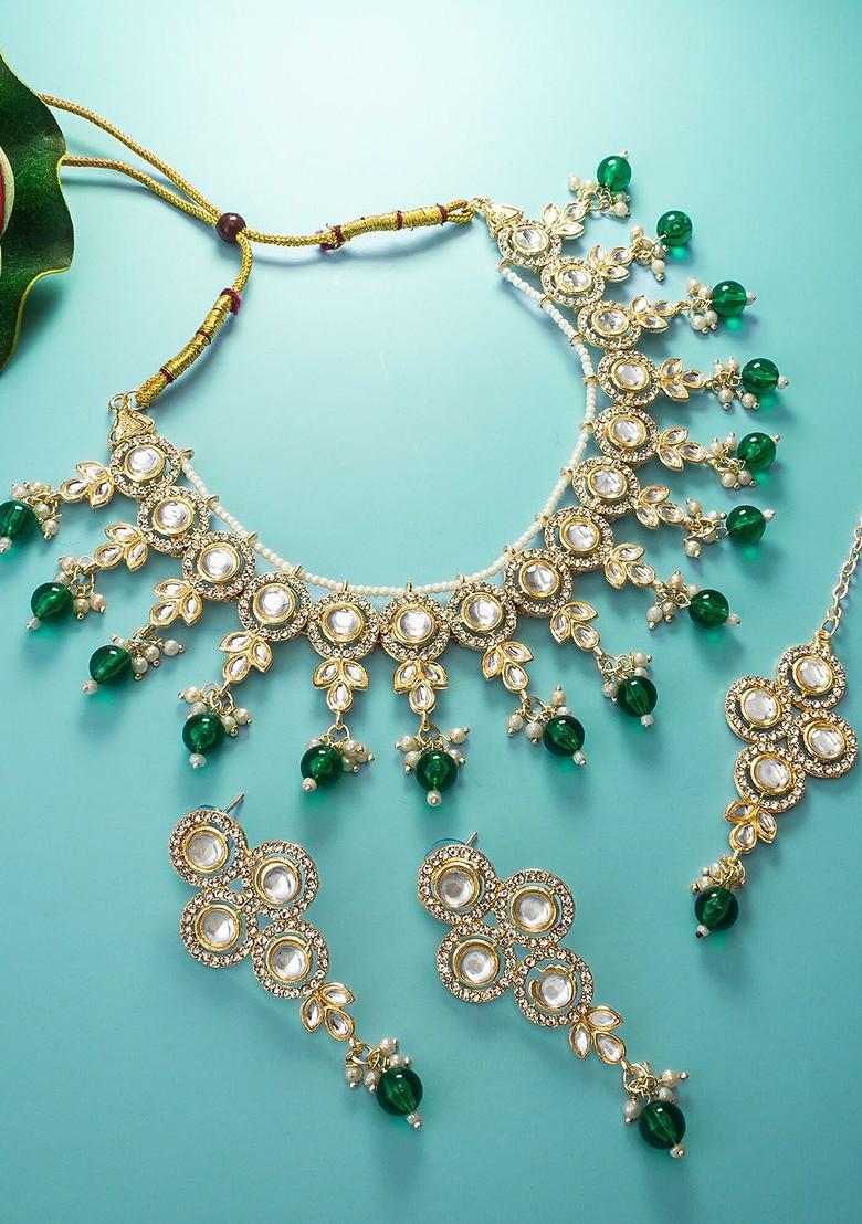 Gold Plated Stone Studded And Beaded Jewellery Set