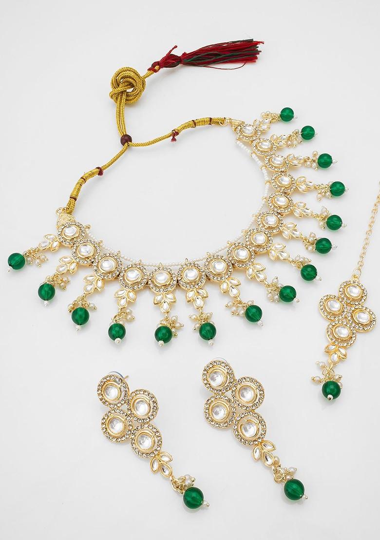 Gold Plated Stone Studded And Beaded Jewellery Set