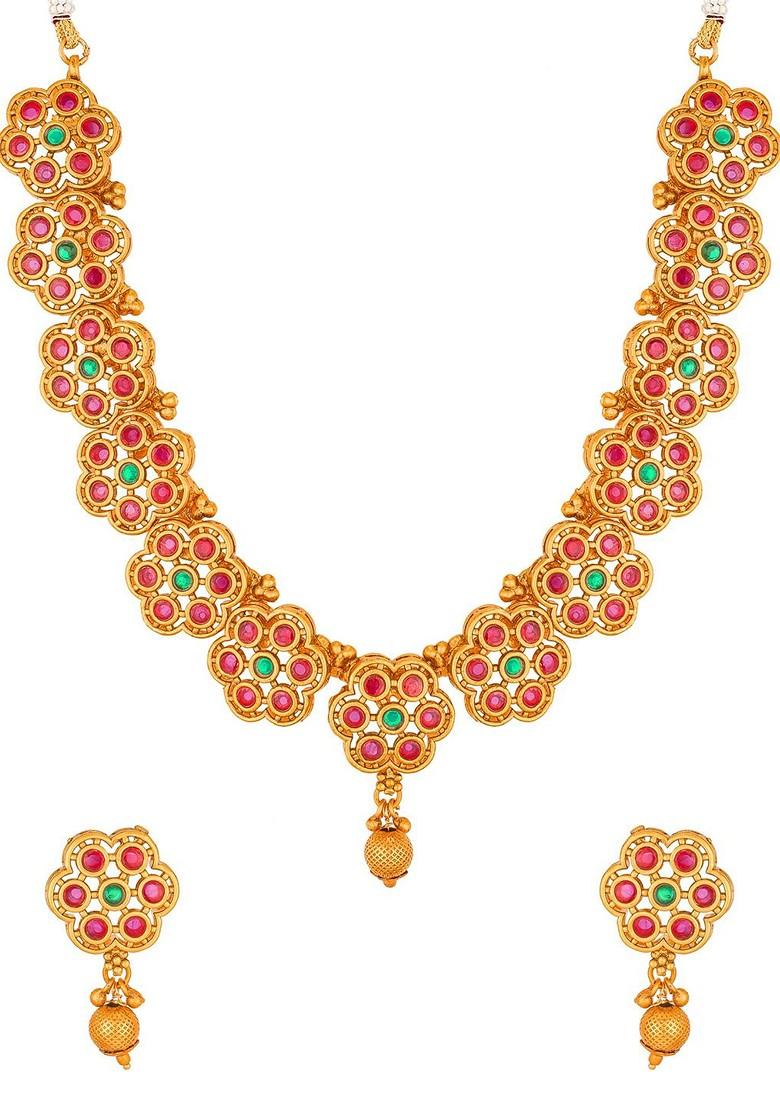Gold Toned And Pink Studded Antique Gold Choker Jewellery Set