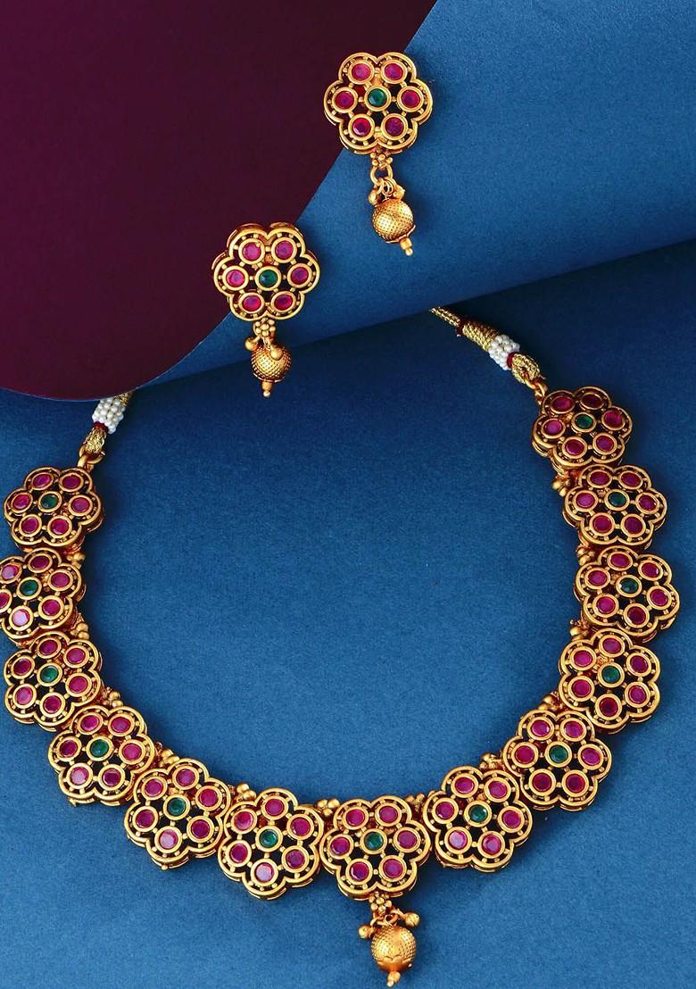 Gold Toned And Pink Studded Antique Gold Choker Jewellery Set