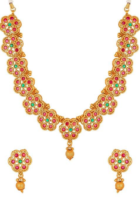 Gold Toned And Pink Studded Antique Gold Choker Jewellery Set