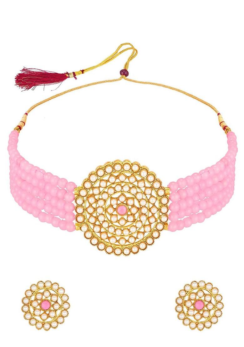 Gold Toned And Pink Kundan Studded And Pearl Beaded Handcrafted Jewellery Set