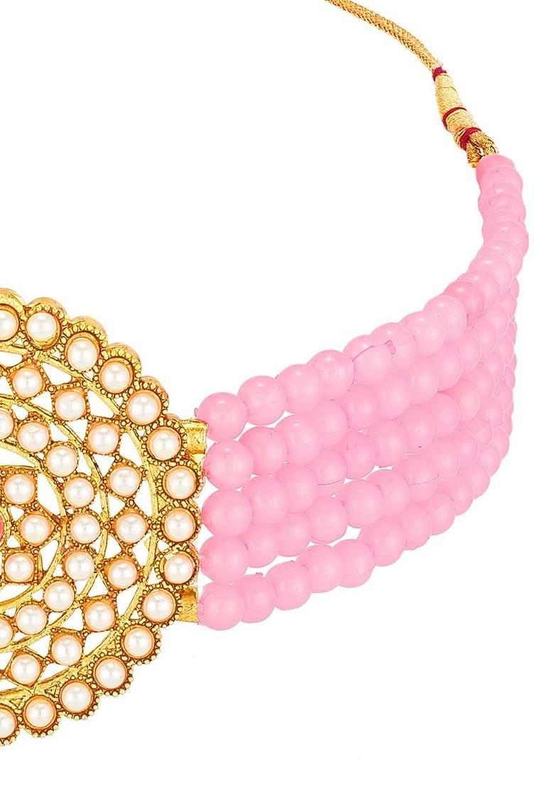 Gold Toned And Pink Kundan Studded And Pearl Beaded Handcrafted Jewellery Set