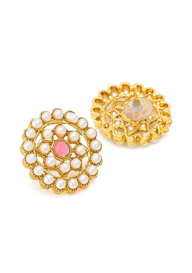 Gold Toned And Pink Kundan Studded And Pearl Beaded Handcrafted Jewellery Set