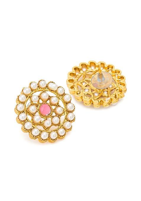 Gold Toned And Pink Kundan Studded And Pearl Beaded Handcrafted Jewellery Set