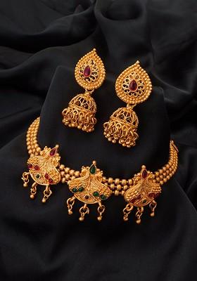 Gold Plated Green And Pink Stone Studded Jewellery Set