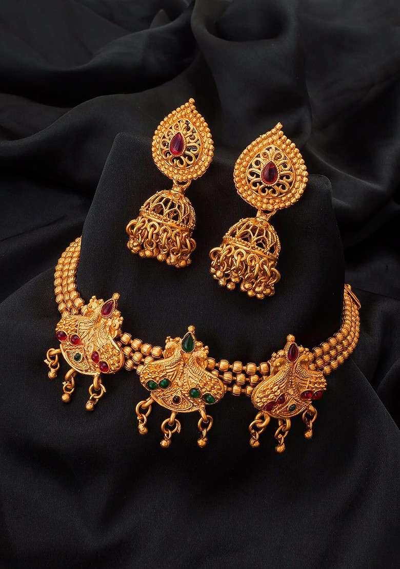 Gold Plated Green And Pink Stone Studded Jewellery Set - Indya