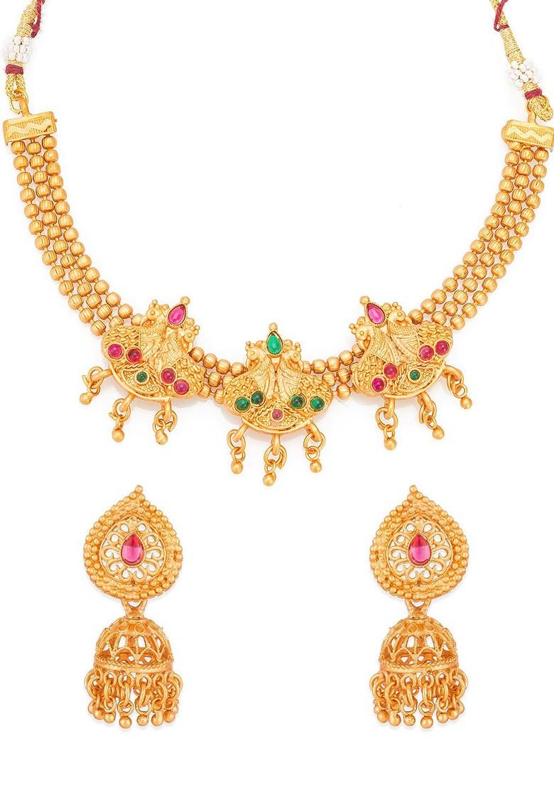 Gold Plated Green And Pink Stone Studded Jewellery Set